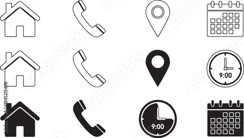 Phone receiver, home, location pin, clock and calendar elements form a clean contact vector illustration, interface icon set. Navigation and scheduling symbol. Call and visit planning sign eps