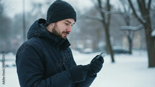 Man in winter coat checking phone in snowy park