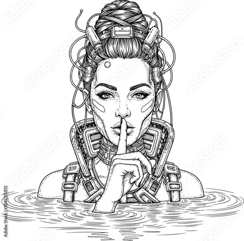 A detailed line art illustration of a futuristic cyborg woman with a wired updo making a shushing gesture.