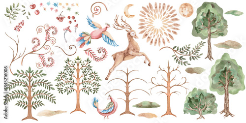 Canvas-taulu A large set of elements featuring trees, stylized birds, and a deer