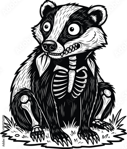 A spooky black and white cartoon badger with a visible skeleton wide staring eyes and sharp teeth.
