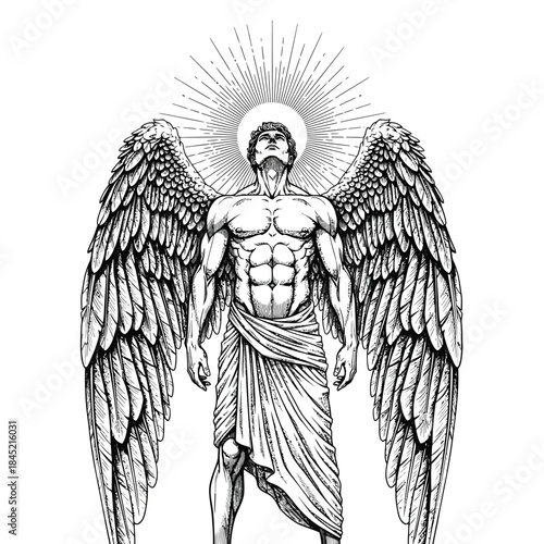 A powerful muscular male angel with large detailed feathered wings and a radiant halo looking up.