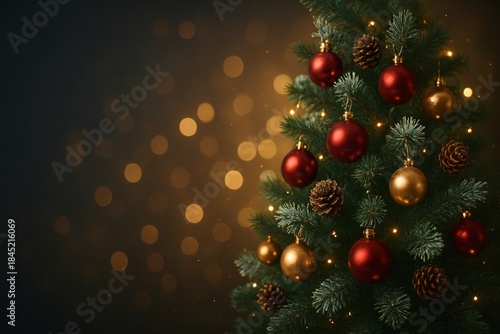 Christmas tree decoration with warm golden bokeh for festive greeting card and luxury seasonal promotion