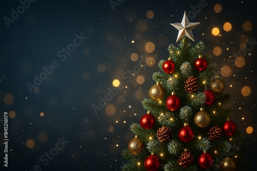 Christmas tree decoration on dark blue bokeh background for premium New Year greeting and corporate holiday design