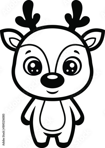 Adorable black and white cartoon baby reindeer with large sparkling eyes and small antlers.