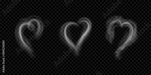 Smoke in heart shape set. Vector white steam with transparency, hot coffee fragrance effect