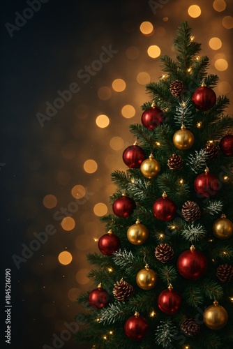 Christmas tree decoration with glowing bokeh lights for elegant holiday background and seasonal branding