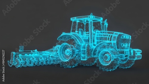 Futuristic Farming Glowing Blue Tractor on Dark Backdrop.