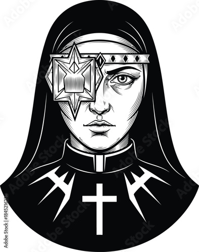 Black and white graphic illustration of a stern nun with a cross and a futuristic starshaped eyepatch.