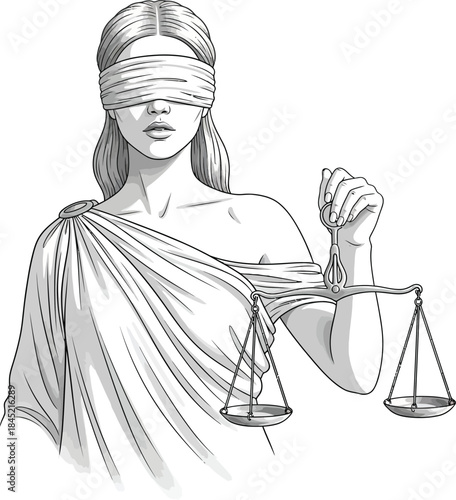 Black and white line art illustration of a blindfolded Lady Justice holding the scales of truth.