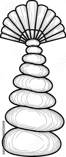 Black and white line art of balanced zen stones topped with a fanned scallop seashell.