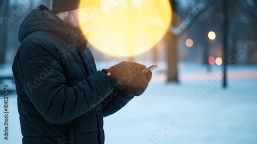 A person in a winter coat and hat uses a smartphone outdoors
