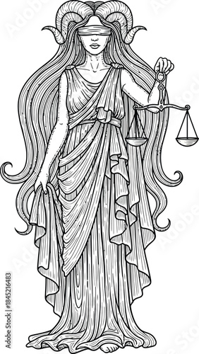 Blindfolded goddess with ram horns and flowing hair holding the scales of justice a line art illustration of an AriesLibra hybrid figure.