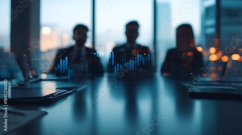 A blurred meeting scene with three silhouettes against a cityscape, featuring financial data graphics overlaying a boardroom table.