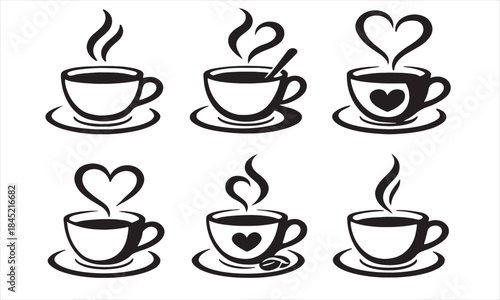 Collection of Coffee and Tea Cup Icons with Steam and Heart Motifs Vector Graphic Set