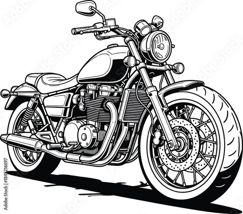 Detailed black and white line art illustration of a classic cruiser motorcycle parked at a threequarter view.