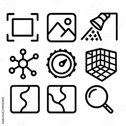 Machine Vision Icons. Machine Vision Discovery Set linear set: object-detection frame, context-aware view patch, pattern-mining beam, depth-sensing grid, visual inference node,