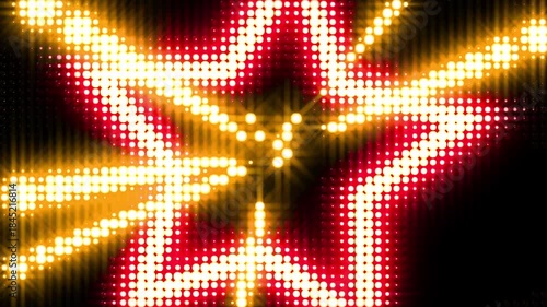 Wall of flashing gold red lights. VJ animation. Flying star shaped lights at a disco party. Shining flicker dynamic animation for glamour, fashion event, night club. 4k seamless loop video