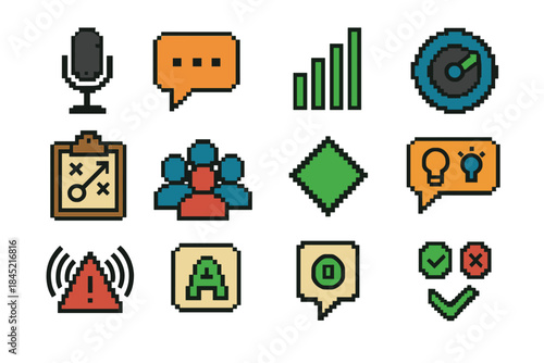 Multiplayer Icon Set. Multiplayer Communication Set set of icons in flat pixel vector style: voice chat mic, text chat panel, signal ping, quick-chat wheel, team strategy card,
