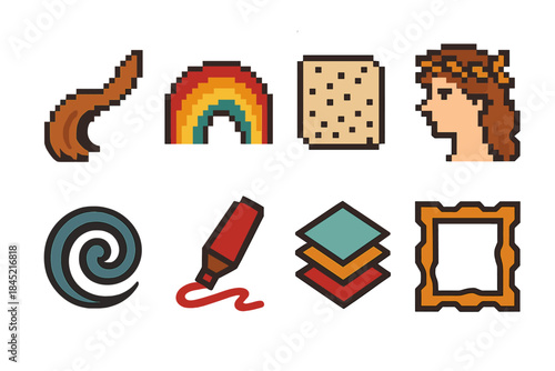 Artistic Flow Icons. Artistic Flow Tools pixel style set: flowing brush stroke, color blend arc, texture patch, muse icon, fluid motion swirl, expression marker, layered shapes,