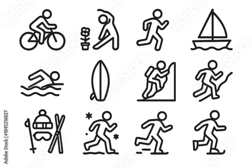 Seasonal Sports Icons. Season-Based Sports Icons linear set: spring cycling, garden stretch, warm-up jog, summer sailing, pool swim, surfboard icon, autumn climb, brisk trail run,