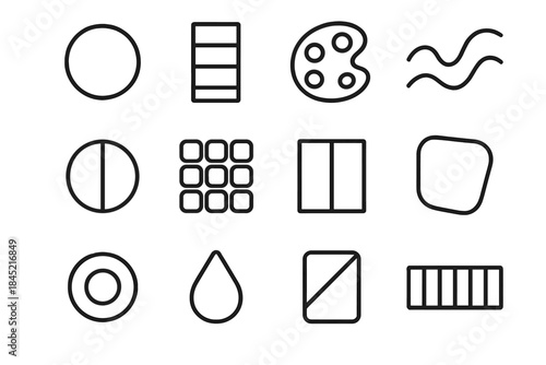 Colorful Geometric Icons. Color-Driven Motifs linear set: gradient orb, color stripe block, palette swatch, chromatic wave, contrasting split shape, mosaic tile cluster, duotone