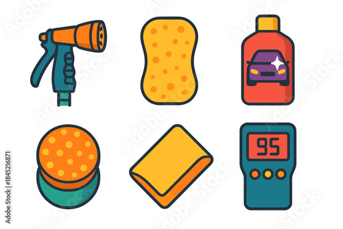 Car Care Essentials. Exterior Wash & Polish Kit flat set: hose nozzle, wash sponge, polish bottle, buffing pad, chamois cloth, gloss meter.