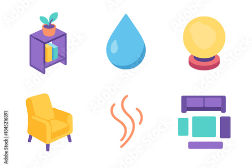 Isometric Wellbeing Icons. Wellbeing Home Care isometric flat set: tidy shelf, water droplet, soft lighting orb, comfort chair, aroma swirl, balanced room layout.