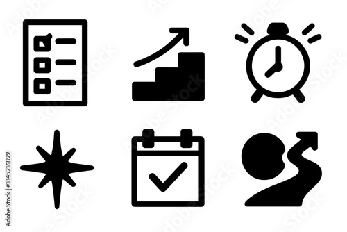 Habit Icon Set. Positive Habit Formation Set silhouette set: routine checklist, small progress steps, daily reminder icon, habit loop arrows, motivation spark, calendar mark, focus