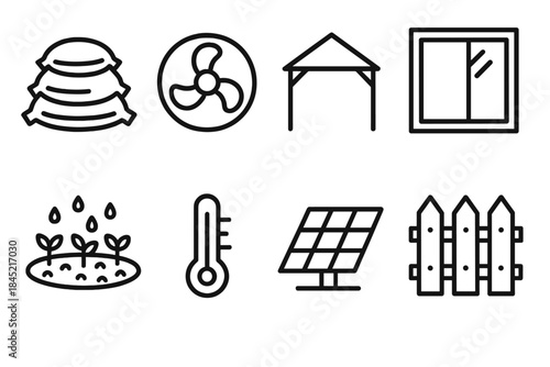 Climate Resilience Icons. Climate response toolkit linear set: sandbag, cooling fan symbol, shade canopy, insulated window, rain garden patch, temperature gauge, solar panel,