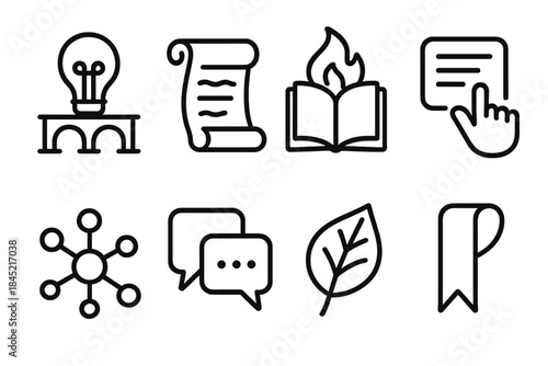 Study Discussion Icons. Insightful Study Discussions linear set: idea bridge, open scroll, learning flame, prompt card, reasoning nodes, conversation flow, discovery leaf, takeaway