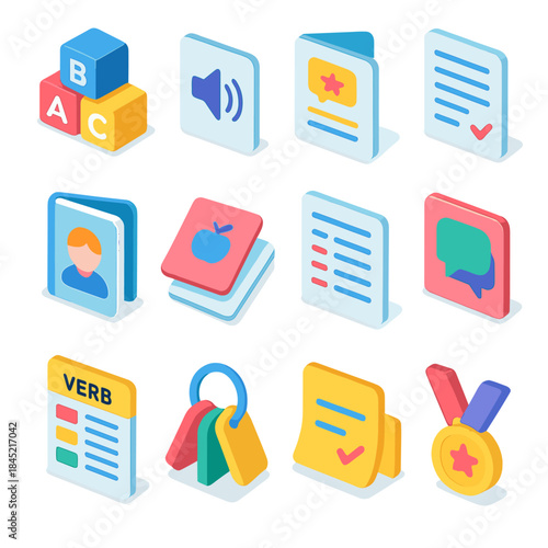Isometric Language Tools Icons. Study Language Tools isometric flat set: letter block row, sound symbol card, basic vocabulary page, rule sheet, learner booklet, revision