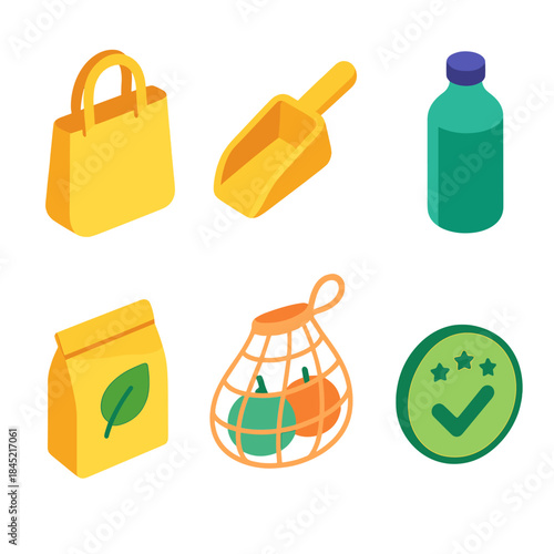 Eco-Friendly Icons. Conscious Shopper Items isometric flat set: tote bag, bulk scoop, refillable bottle, compostable pack, produce net, green rating icon.
