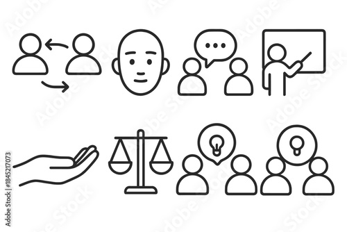 Interpersonal Communication Icons. Interpersonal Communication Flow linear set: connection lines, attentive face, conversation circle, guiding pointer, supportive hand, balanced