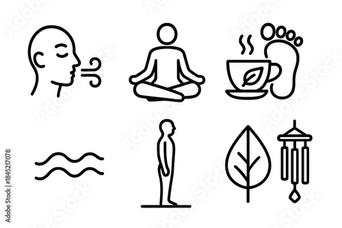 Mindful Harmony Icons. Mind-Body Harmony Set linear set: breathing symbol, yoga pose, herbal tea cup, mindful steps, calm wave, posture guide, nature leaf, soothing chime. .