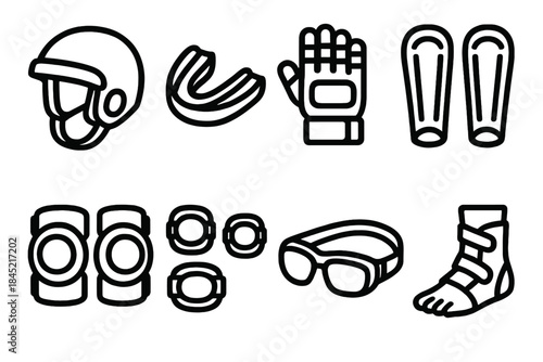 Sports Safety Icons. Sports Safety Gear linear set: protective helmet, mouthguard, padded gloves, shin guards, knee pads, elbow pads, safety goggles, ankle brace.
