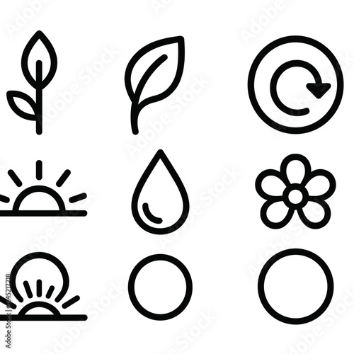 Renewal Icons Collection. Restorative Forms linear set: new growth bud, unfolding leaf, renewal swirl, reset token, bright horizon band, restoring droplet, gentle bloom, clarity