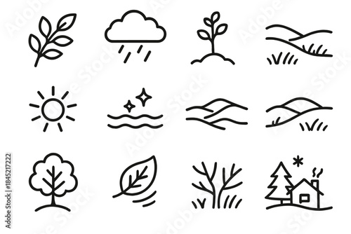 Seasonal Environment Icons. Seasonal Environment Icons linear set: spring sprig, light drizzle, young tree, grassy slope, summer rays, water shimmer, dune line, green valley,