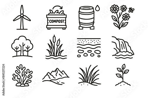 Sustainable Ecosystem Icons. Sustainable Ecosystems linear set: renewable energy turbine, compost bin, rainwater barrel, pollinator flowers, forest canopy, wetland reeds, soil