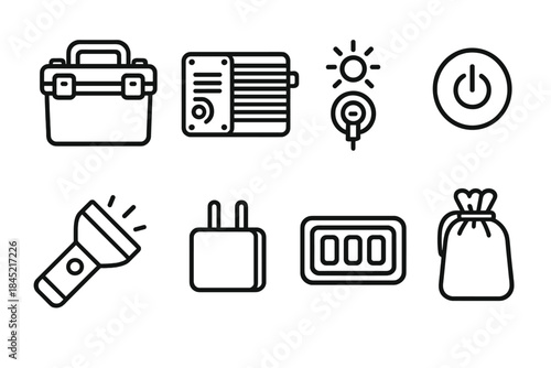 Portable Energy Icons. Mobile energy gear linear set: portable battery box, inverter module, solar input port, power switch, LED flashlight, foldable plug, voltage display, storage