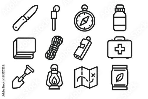 Survival Gear Icons. Outdoor Survival Essentials linear set: utility blade, tinder rod, direction compass, filter bottle, heat blanket, braided rope, alert whistle, safety kit,