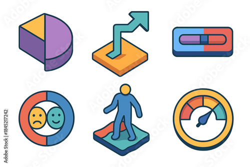 Emotional Balance Icons. Conflict of Feelings Set flat isometric set: divided perspective icon, hesitant step arrow, polarity bar, emotional contrast ring, wavering stance tile,