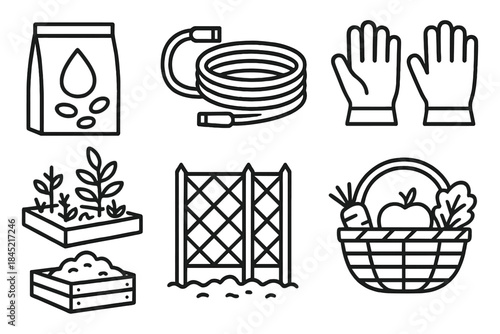 Community Garden Tools. Local Gardening Group linear set: seed exchange packet, shared hose, soil mix bag, garden gloves, herb bed, trellis frame, compost pile, harvest basket.