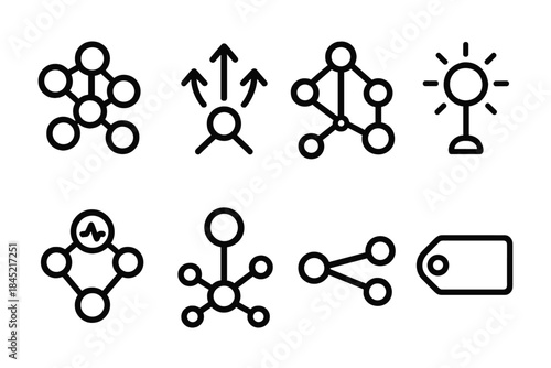 Network Influence Icons. Influence propagation networks linear set: node cluster tile, spread arc bar, connection flow, impact marker, feedback pulse, authority node, relation link