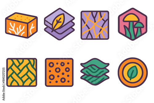 Fungal Composite Icons. Fungal Composite Elements flat set: mycelium foam block, fiber-reinforced bio-panel, hypha mesh sheet, natural composite weave, porous eco-tile,