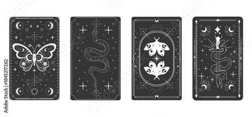 Tarot card frame spiritual esoteric reverse border magic sacred cover card. Mystic elements moon, sun, magic moth, snake fantasy sign.