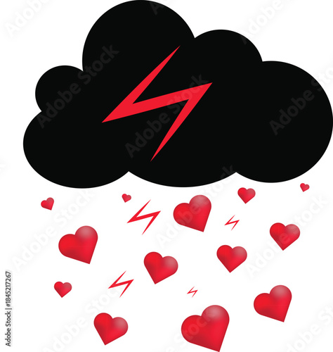 A passionate storm of red hearts and lightning bolts symbolizing intense love and emotion