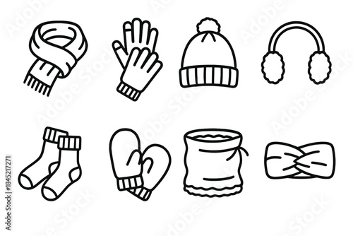 Winter Accessory Icons. Cold-Weather Accessory Set linear set: chunky scarf, touchscreen gloves, pom-pom beanie, faux-fur earmuffs, fleece-lined gaiter, cozy socks, snow mittens,