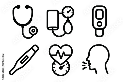 Health Monitoring Icons. Health Monitoring Instruments linear set: stethoscope outline, arm band pressure gauge, oxygen sensor, body heat reader, pulse dial, airflow indicator.