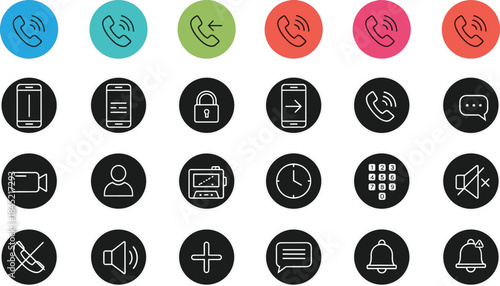 Assorted black and colored circular icons for communication and technology Keywords: communication, technology, icons, set